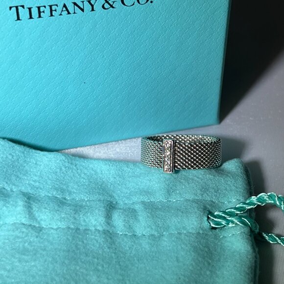 Tiffany & Co Somerset 4 Diamond Ring Mesh Weave in Sterling Silver *RETIRED* - Picture 2 of 10